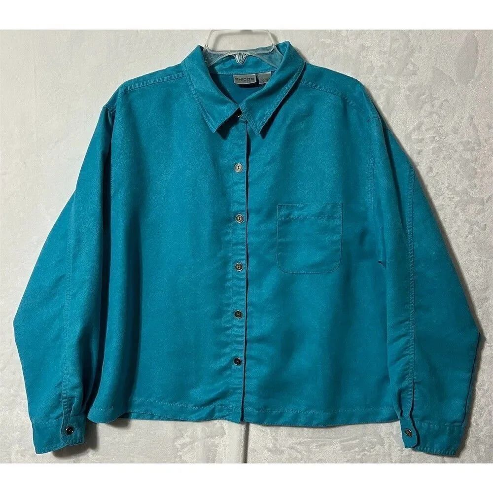 Chico's Shirt Jacket Womens XL Teal Green Button Front Collared Long Sleeve